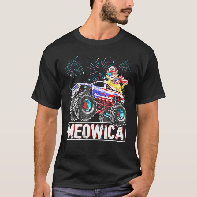T-shirt Chat Monster équitation Camion Américain Drapeau P (Devant)