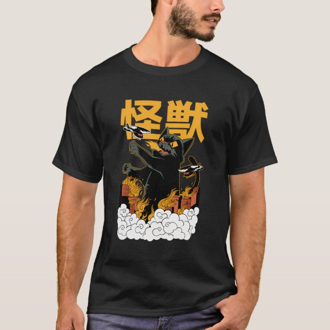 T-shirt Chat Monster Géant Kaiju Chat Amusant Style Anime  (Devant)