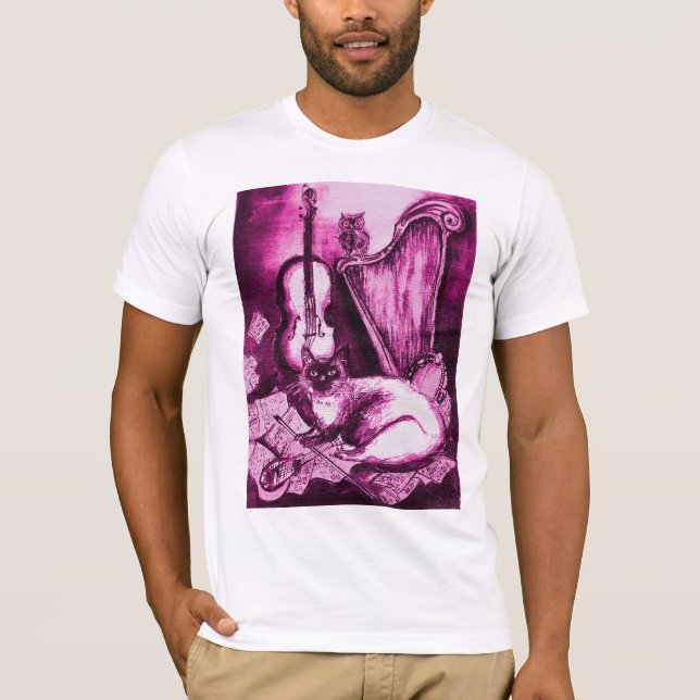 T-shirt CHAT MUSICAL, rose Fuchsia violet et blanc (Devant)