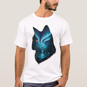 T-shirt Chat Mystique Aurore Boréale Forêt Silhouette 