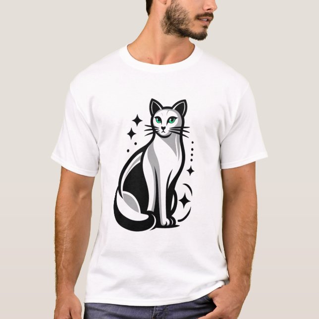 T-shirt Chat mystique noir et blanc aux yeux verts (Devant)