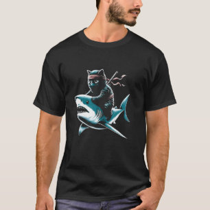 T-shirt Chat Ninja à Cheval sur un Requin - Graphique Drôl