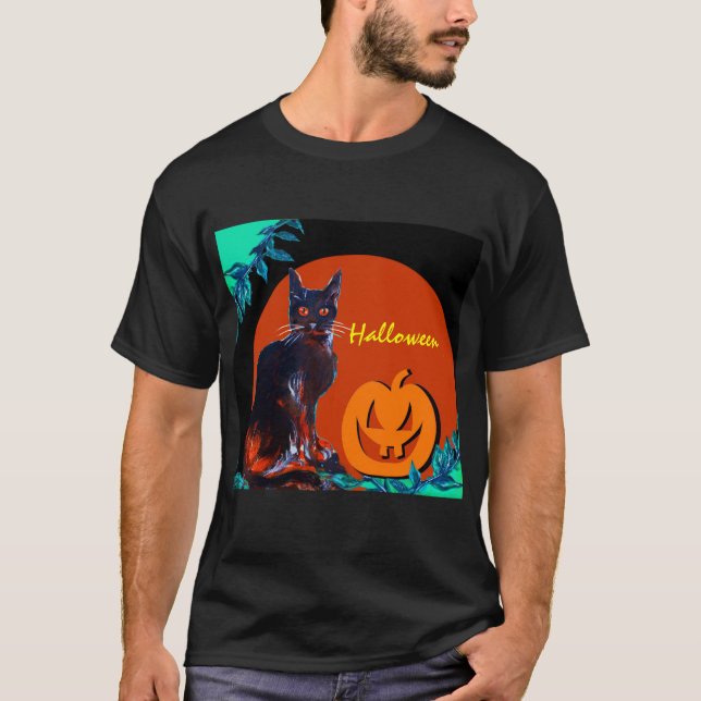 T-SHIRT CHAT NOIR AVEC CITROUILLE EN HALLOWEEN NIGHT (Devant)