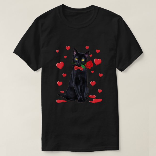 T-shirt Chat noir avec Rose Valentines Chemise Saint Valen (Design devant)