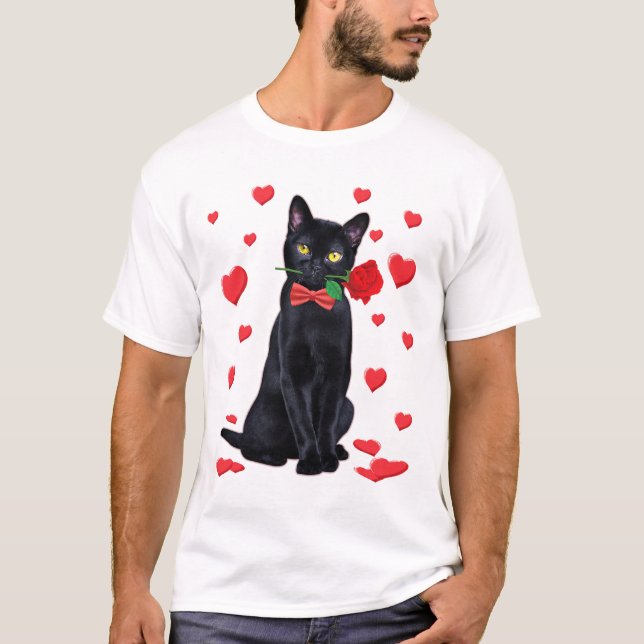 T-shirt Chat noir avec Rose Valentines Valentine Chat amou (Devant)