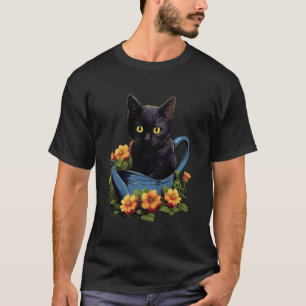 T-shirt Chat Noir Avec Un Arrosoir Et Fleurs De Jardinage