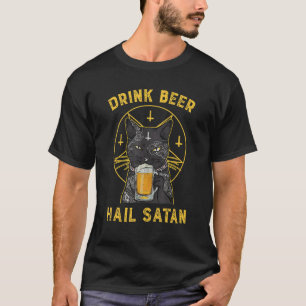 T-shirt Chat Noir Boit de la Bière Hail Satan Fantomatique