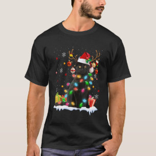 T-shirt Chat noir chapeau de Père Noël rennes lumières de