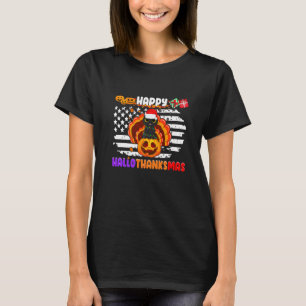 T-shirt Chat noir de la fête d'Hallothanksmas avec Santa e