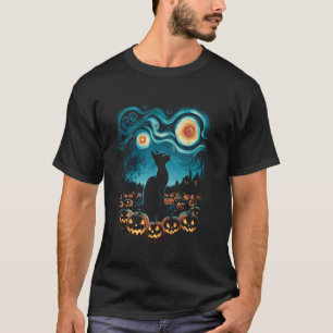 T-shirt Chat noir d'Halloween Nuit étoilée Chat Citrouille