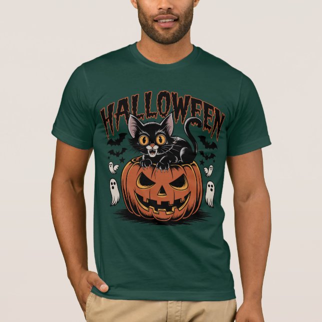T-shirt Chat noir d'Halloween rétro avec Citrouille (Devant)