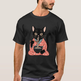 T-shirt Chat noir drôle mangeant des ramen vintage femme j