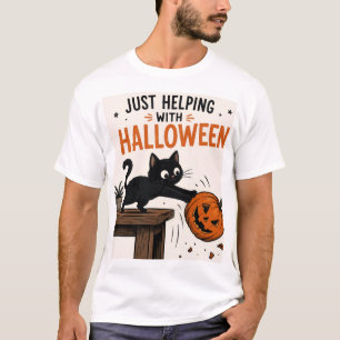 T-shirt Chat noir drôle renversant une citrouille Hallowee