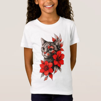 T-Shirt Chat noir et blanc avec des fleurs rouges vives po