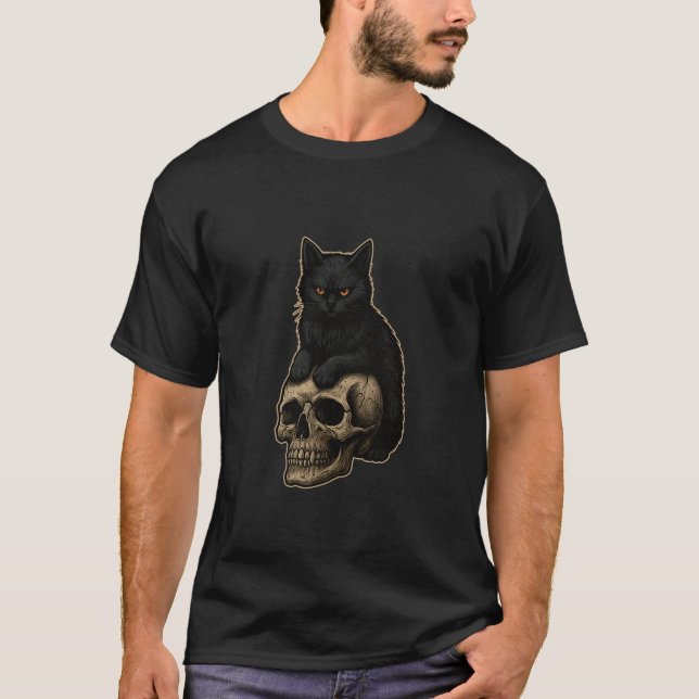 T-shirt Chat noir et crâne rétro (Devant)