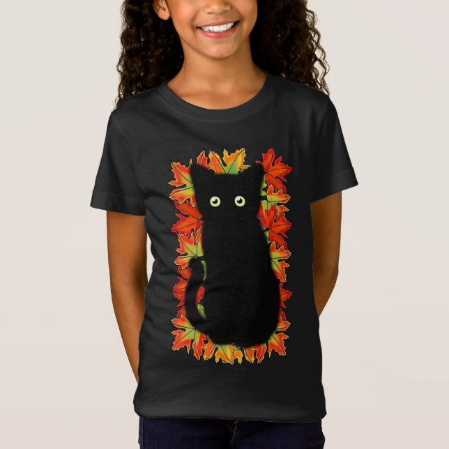 T-Shirt Chat noir, Feuilles d'automne motif, Halloween amu (Devant)