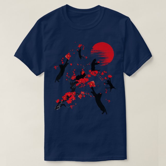 T-shirt Chat Noir Fleur de Fleur de Fleur de Cerisier Japo (Design devant)