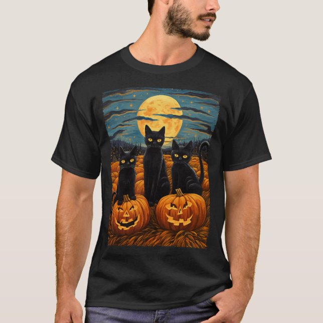 T-shirt Chat noir Halloween Amoureux de les chats Starry N (Devant)