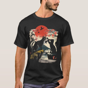 T-shirt Chat noir jouer au coucher du soleil Style japonai