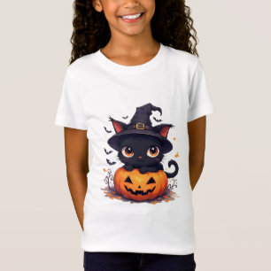 T-Shirt Chat noir kawaii tenant une citrouille Halloween �