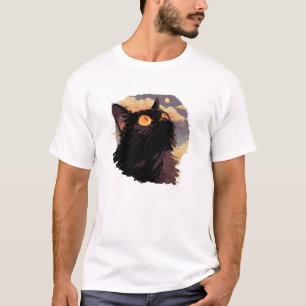 T-shirt Chat noir levant la tête avec la nuit mystique