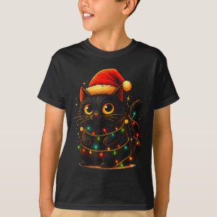 T-shirt Chat noir lumières de sapin de Noël drôle de Santa