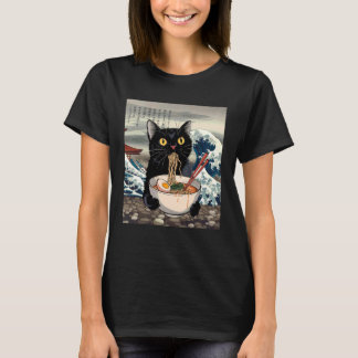 T-shirt Chat noir mangeant des nouilles Ramen Art de vague