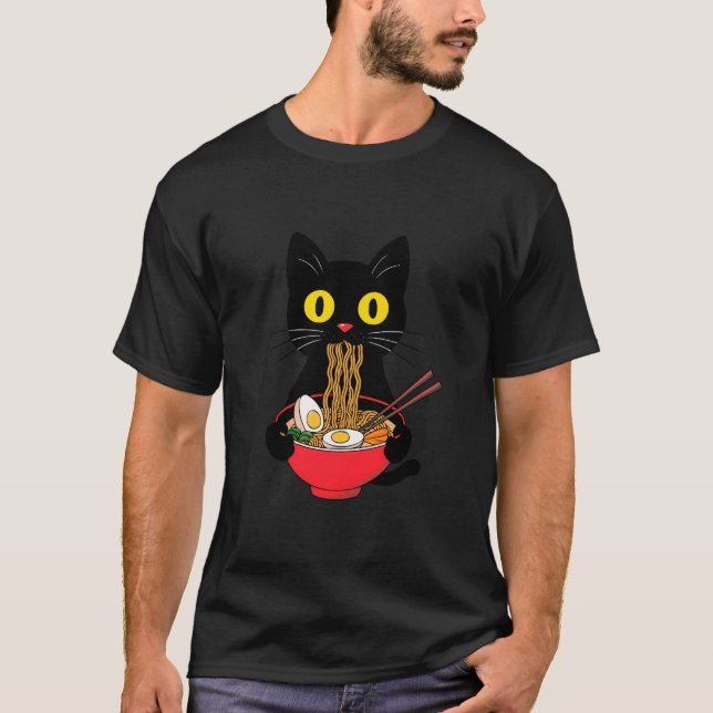 T-shirt Chat noir manger Ramen nouilles Kawaii Anime Japan (Devant)
