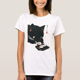 T-shirt Chat noir manger Sushi - Chat Art Japonais