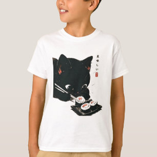 T-shirt Chat noir manger Sushi - Chat Art Japonais