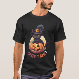 T-shirt Chat noir mignon Citrouille Creeper Pleine Lune Ha
