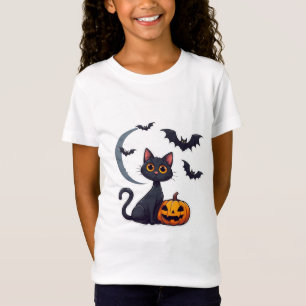 T-Shirt Chat noir mignon et chauves-souris amicales Hallow