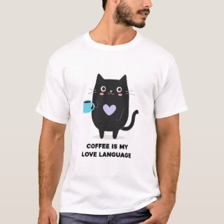 T-shirt Chat noir mignon "Le café est ma langue d'amour" T