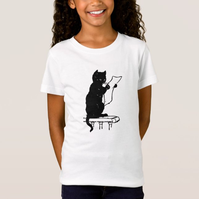 T-Shirt Chat noir mignon lisant un cru de papier (Devant)