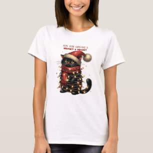 T-shirt Chat noir mignon serré dans les lumières de Noël