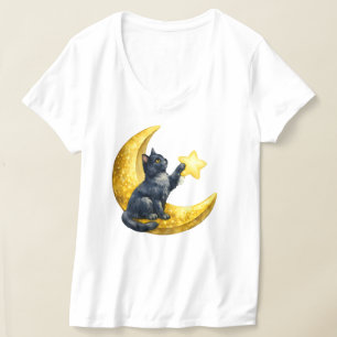 T-shirt Chat noir mystique à l'aquarelle sur croissant dor