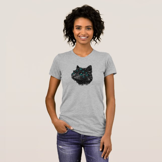 T-shirt Chat noir mystique aux yeux bleus métissants (Devant entier)