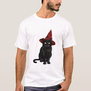 T-shirt Chat noir mystique avec chapeau rouge foncé T-Shir