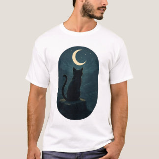T-shirt Chat noir mystique sous la lune de croissant
