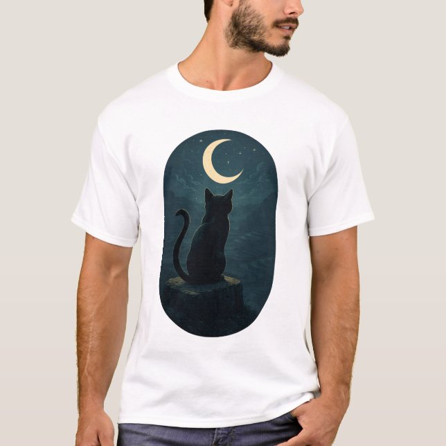 T-shirt Chat noir mystique sous la lune de croissant (Devant)