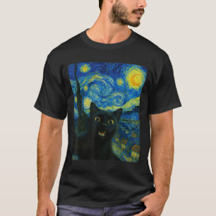 T-shirt Chat Noir Nuit Étoilée Van Gogh Chat Selfie Maman