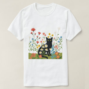 T-shirt Chat noir parmi des fleurs sauvages colorées – Cot
