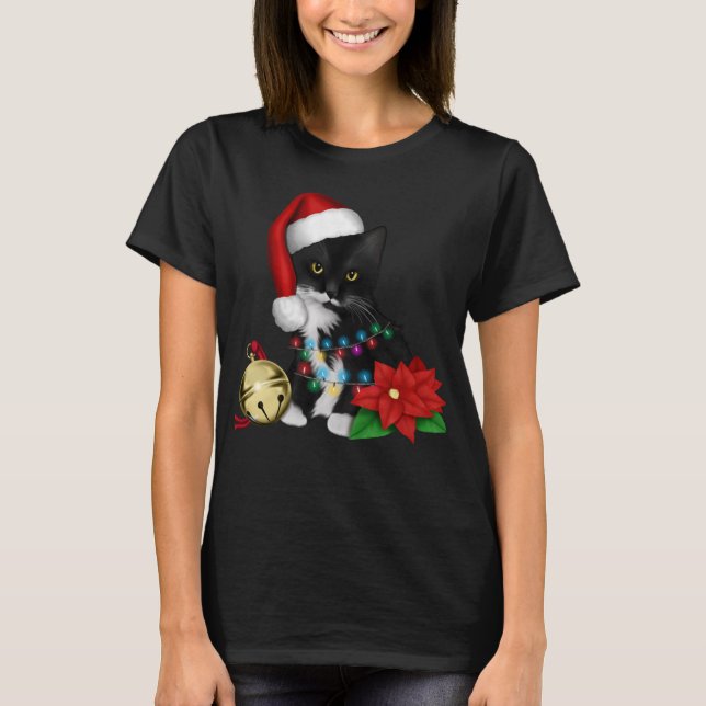 T-shirt Chat Noir Père Noël Tangée Dans Les Lumières De No (Devant)