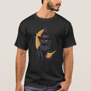 T-shirt Chat noir portant Halloween sorcière Casquette Cha
