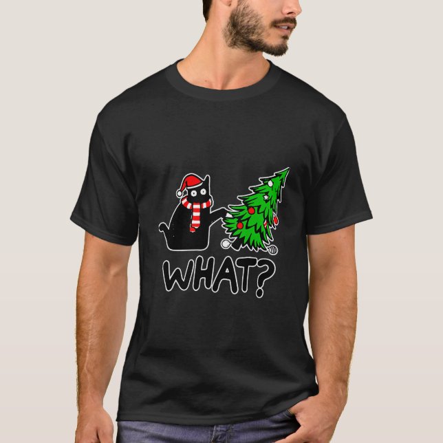 T-shirt Chat Noir Poussant Arbre De Noël Quelles Lumières  (Devant)
