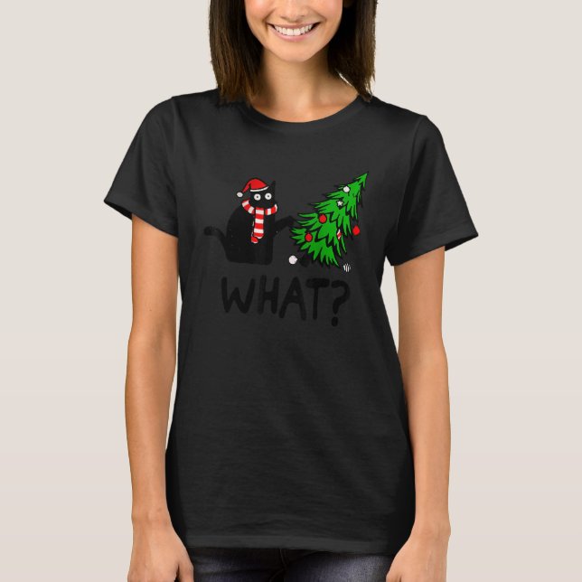 T-shirt Chat Noir Poussant Arbre De Noël Sur Chat Ce (Devant)