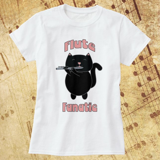 T-shirt Chat noir rose Fluate (A tshirt that says flute fanatic with a black cat playing the flute.)