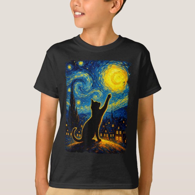 T-shirt Chat noir Starry Nuit Van Gogh Chat, Maman de chat (Devant)