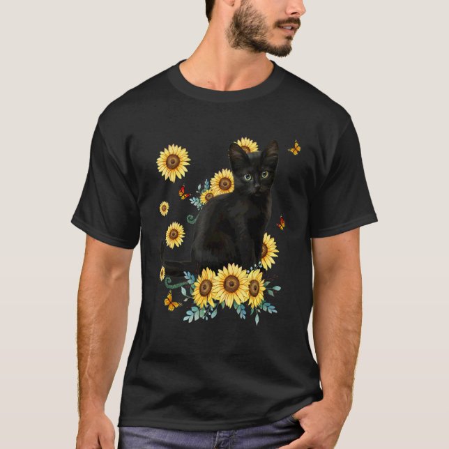 T-shirt Chat noir Sunflower Fleur Soleil Chat Chat Sunshin (Devant)