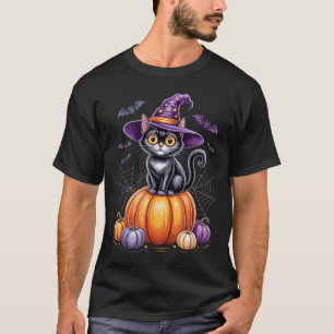 T-shirt Chat Noir Sur Citrouille Avec Chapeau De Sorcière